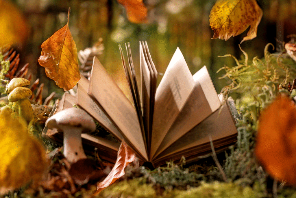 A book lies open on a forest floor covered in moss and mushrooms