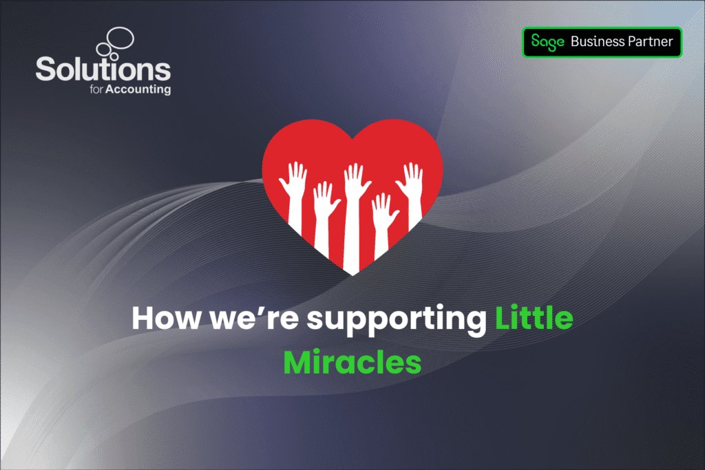 A graphic of a love heart with hands raised inside it is at the top centre, and the text ‘How we’re supporting Little Miracles’ is beneath it. The background is a purple gradient with white swirls, and the Solutions and Sage Business Partner logos are in the top corners.