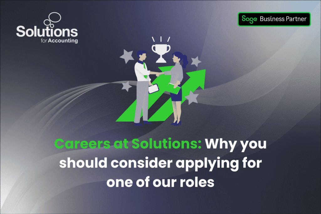 A graphic of two coworkers shaking hands is at the top centre, and the text ‘Careers at Solutions: Why you should consider applying for one of our roles’ is beneath it. The background is a purple gradient with white swirls, and the Solutions and Sage Business Partner logos are in the top corners.