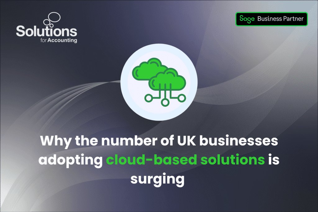 A circular graphic of the cloud is at the top centre, and the text ‘Why the number of UK businesses adopting cloud-based solutions is surging’ is beneath it. The background is a purple gradient with white swirls, and the Solutions and Sage Business Partner logos are in the top corners.