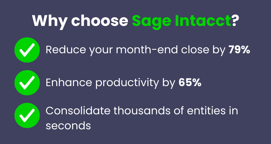A graphic titled, 'Why choose Sage Intacct'. Three main benefits are listed below this. The background is a light plum colour.