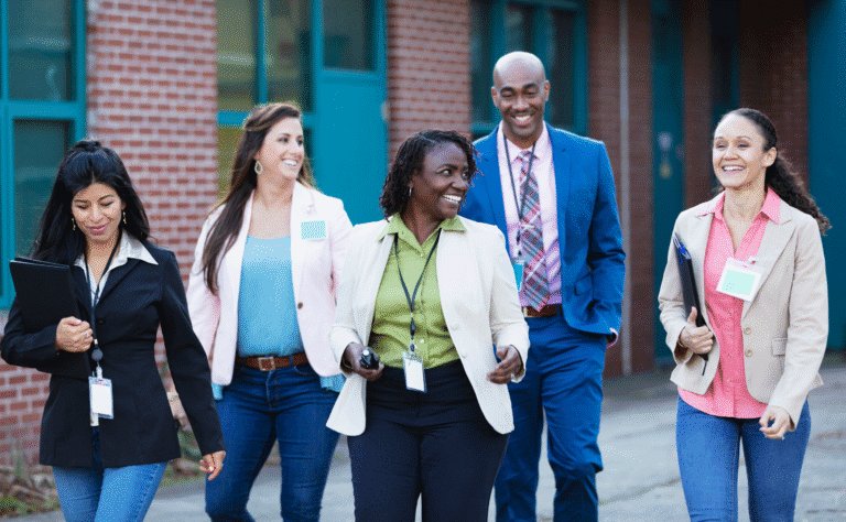A group of teachers walking outside, smiling and laughing, at a school