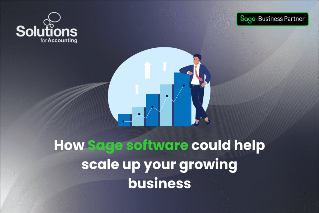 A graphic of an employee stood next to a life-size chart with the text 'How Sage software could help scale up your growing business' beneath it. The background is a purple gradient with white swirls, and the Solutions and Sage Business Partner logos are in the top corners.