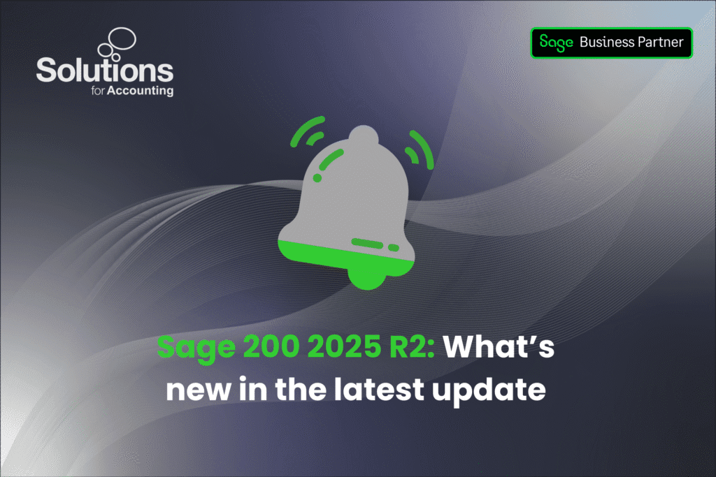A graphic of a bell, with the text 'Sage 200 2025 R2: What’s new in the latest update’ beneath it. The background is a purple gradient with white swirls, and the Solutions and Sage Business Partner logos are in the top corners.