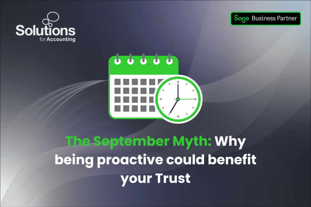 A graphic of a calendar, with the text 'The September Myth: Why being proactive could benefit your Trust’ beneath it. The background is a purple gradient with white swirls, and the Solutions and Sage Business Partner logos are in the top corners.