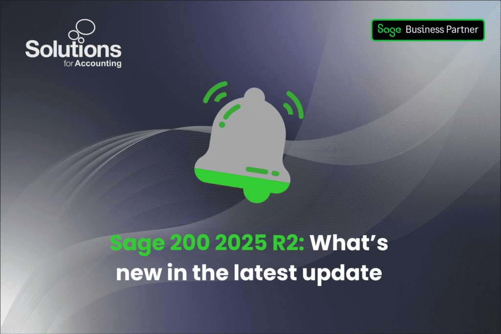 A graphic of a bell, with the text 'Sage 200 2025 R2: What’s new in the latest update’ beneath it. The background is a purple gradient with white swirls, and the Solutions and Sage Business Partner logos are in the top corners.