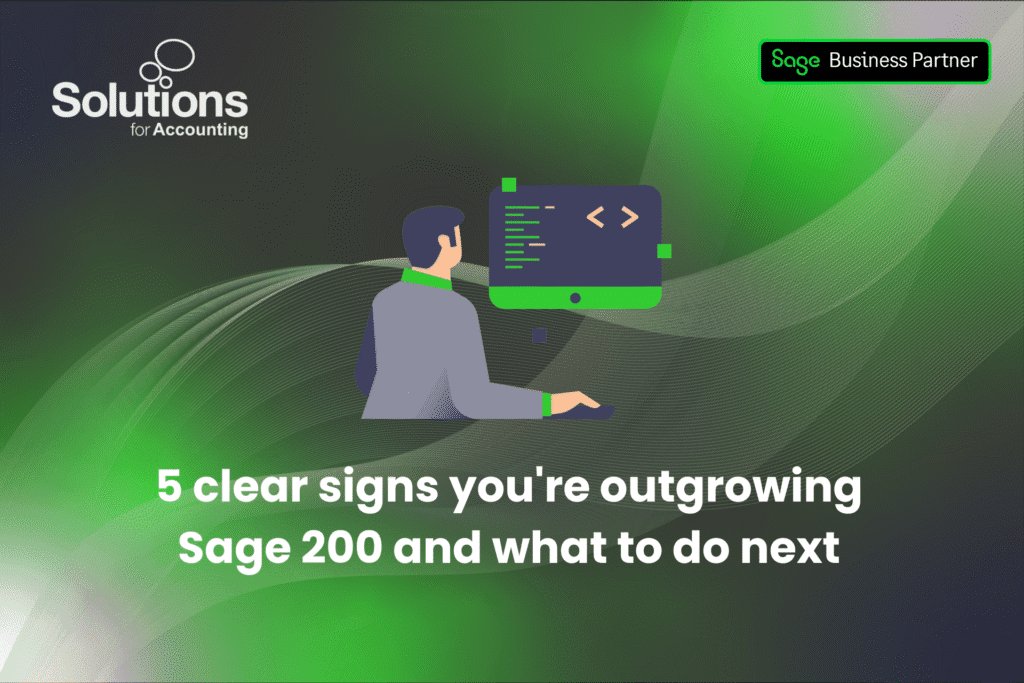 A graphic of an employee working on a desktop, with the text '5 clear signs you're outgrowing Sage 200 and what to do next’ beneath it. The background is a purple and green gradient with white swirls, and the Solutions and Sage Business Partner logos are in the top corners.