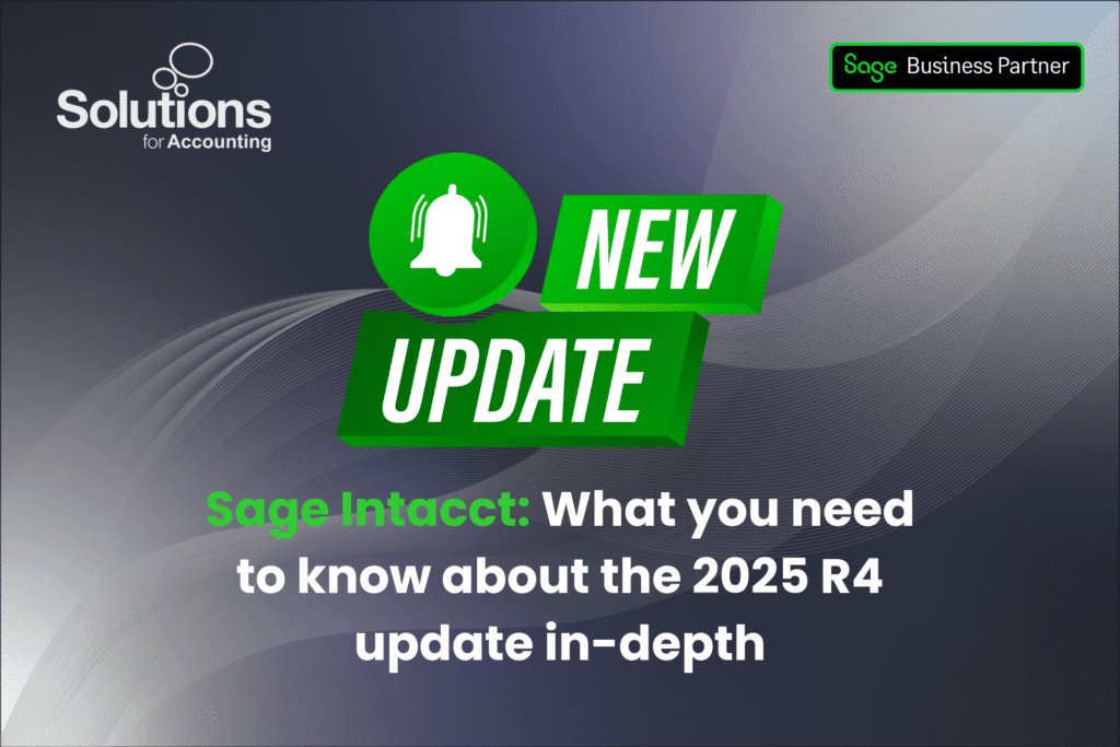 A graphic of a bell and 'new update' sign, with the text 'Sage Intacct: What you need to know about the 2025 R4 update in-depth’ beneath it. The background is a purple gradient with white swirls, and the Solutions and Sage Business Partner logos are in the top corners.