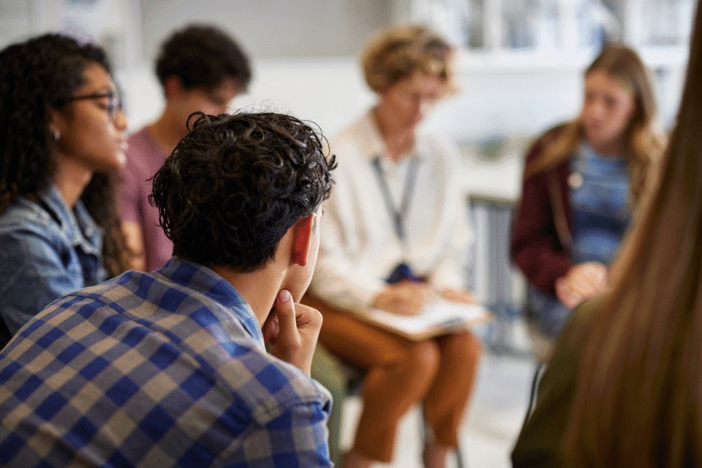 Group of people sat in a circle talking, seemingly in a therapy setting