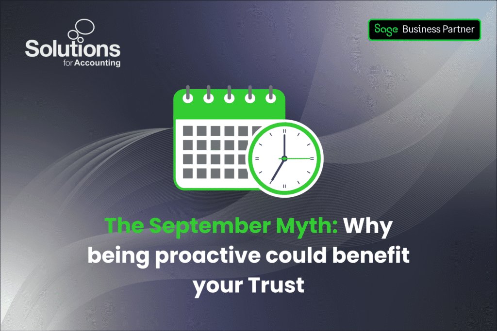 A graphic of a calendar, with the text 'The September Myth: Why being proactive could benefit your Trust’ beneath it. The background is a purple gradient with white swirls, and the Solutions and Sage Business Partner logos are in the top corners.