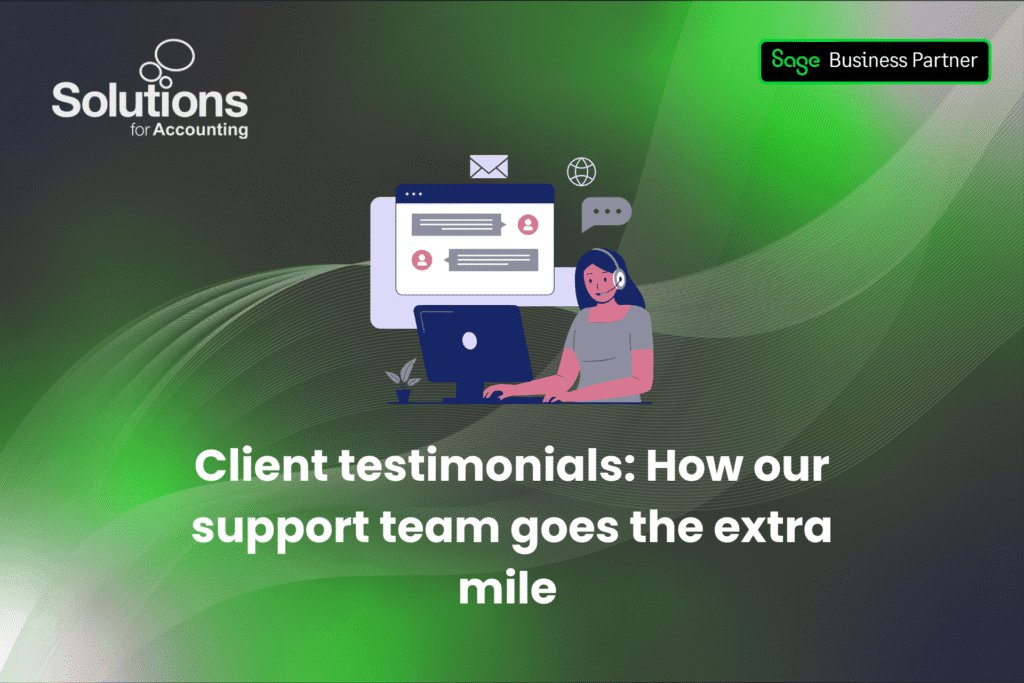 A graphic of an employee sitting working, with the text 'Client testimonials: How our support team goes the extra mile’ beneath it. The background is a purple gradient with white swirls, and the Solutions and Sage Business Partner logos are in the top corners.