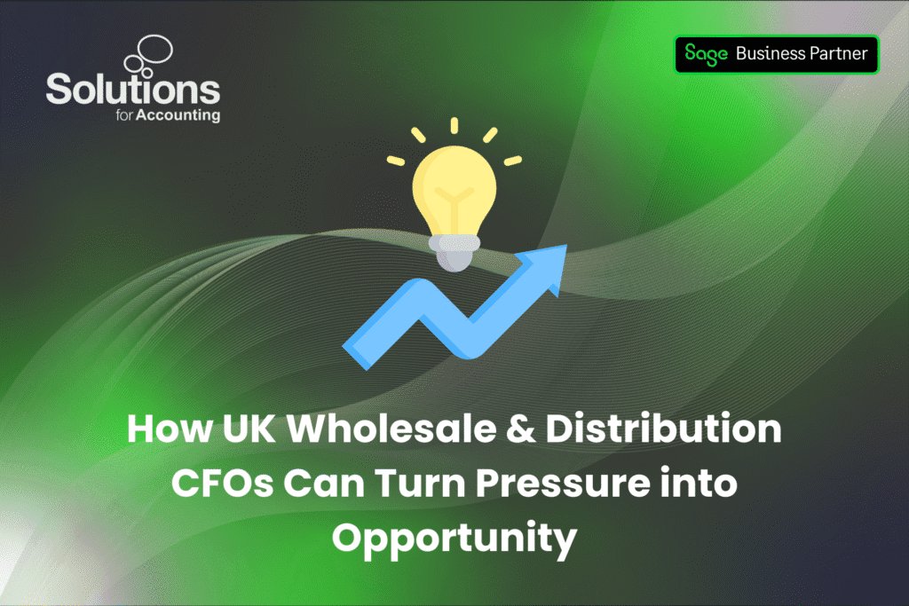 A graphic of a light bulb, with the text 'How UK Wholesale & Distribution CFOs Can Turn Pressure into Opportunity’ beneath it. The background is a purple and green gradient with white swirls, and the Solutions and Sage Business Partner logos are in the top corners.