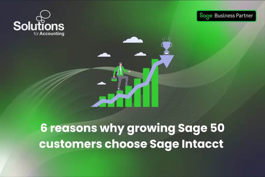 A graphic of an employee climbing a life-sized chart, with the text '6 reasons why growing Sage 50 customers choose Sage Intacct’ beneath it. The background is a purple and green gradient with white swirls, and the Solutions and Sage Business Partner logos are in the top corners.