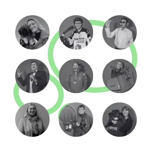 Graphic showing black and white photos of Solutions' employees on a symbol of green circles in the background