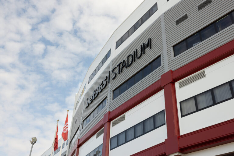 Stoke City Football Club venue exterior, showing the building with a sign saying BET365 Stadium
