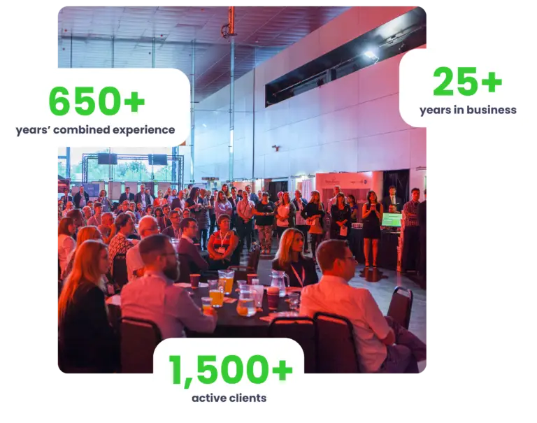 Photo of a conference room at Solutions Showcase with text reading 650+ years' combined experience, 25+ years in business and 1,500+ active customers