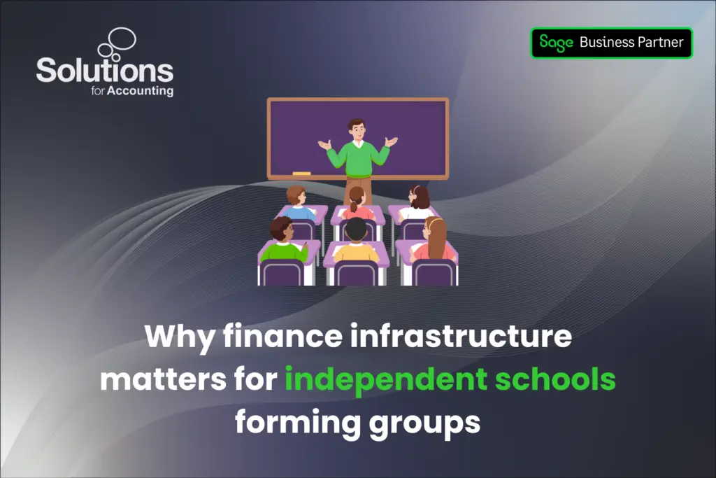 A graphic of a teacher and children in a classroom, with the text 'Why finance infrastructure matters for independent schools forming groups’ beneath it. The background is a purple gradient with white swirls, and the Solutions and Sage Business Partner logos are in the top corners.