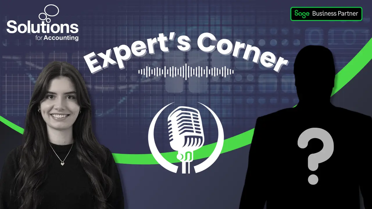 Two Solutions employees, Imogen and Gareth, are on either side of the image. The words 'Expert's Corner' and 'Sage Intacct' are centred towards the top of the page. There is a microphone at the bottom middle of the image and the Solutions logos in the top corners.