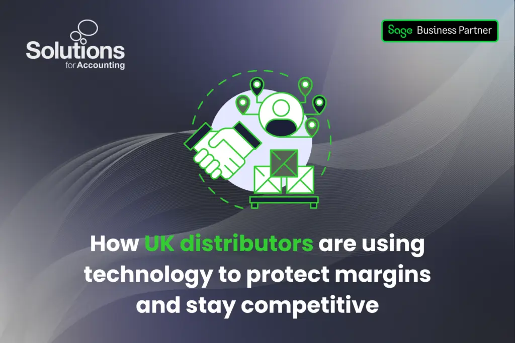A graphic of a distribution workflow cycle, with the text ‘How UK distributors are using technology to protect margins and stay competitive’ beneath it. The background is a purple gradient with white swirls, and the Solutions and Sage Business Partner logos are in the top corners.