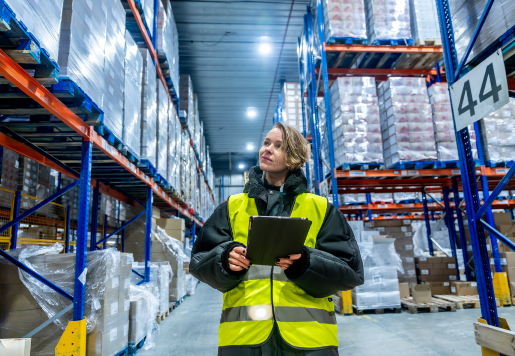 A woman inspecting inventory in a storage warehouse.