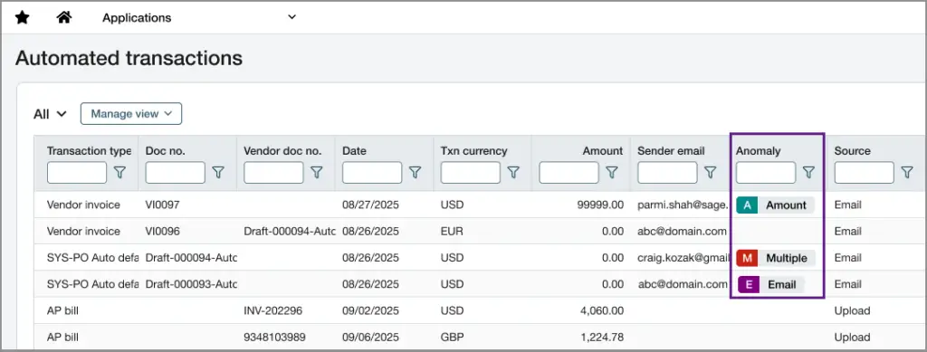 A screenshot of the AI-driven anomaly detection feature for AP Automation in Sage Intacct