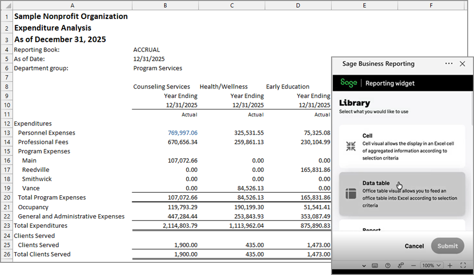 A screenshot of the Smart Excel reporting tool in Sage Intacct