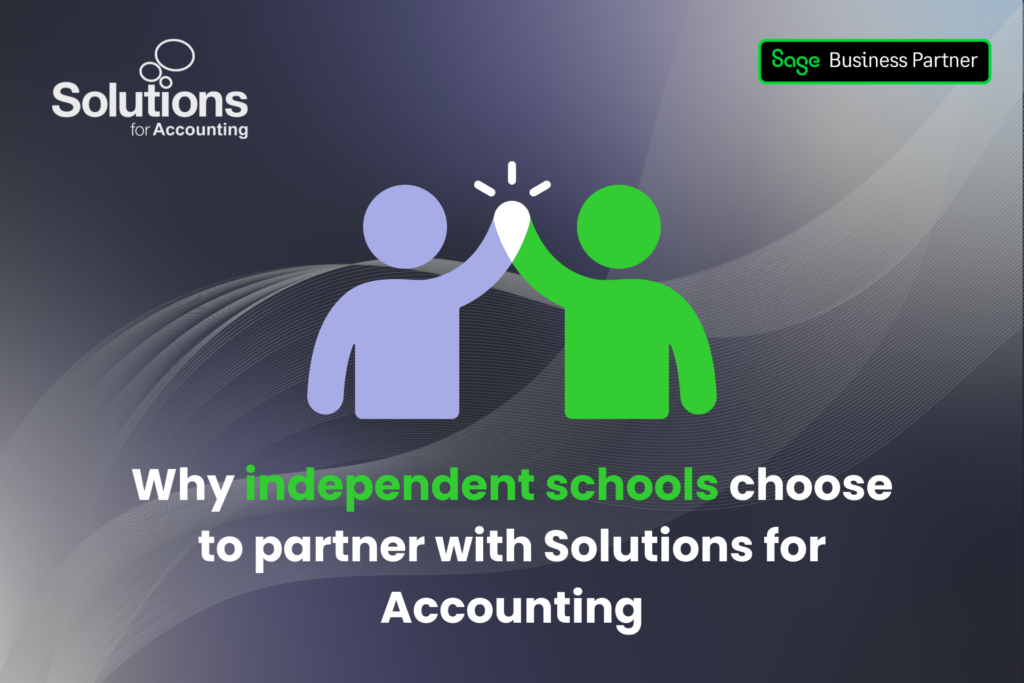 A graphic showing an outline of two people joining hands in partnership, with the text ‘Why independent schools choose to partner with Solutions for Accounting’ beneath it. The background is a purple gradient with white swirls, and the Solutions and Sage Business Partner logos are in the top corners.