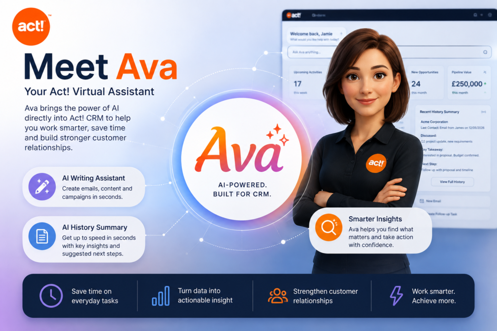 Ava, the Act! Virtual Assistant, providing AI-powered writing, customer history summaries and smarter CRM insights