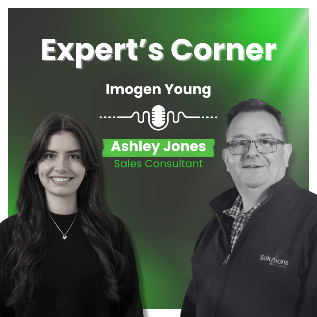 A graphic with pictures of two Solutions employees, Imogen and Ash, at the bottom. The title 'Expert's Corner' is at the top, with their names below. The background is a green and purple gradient with a white border.