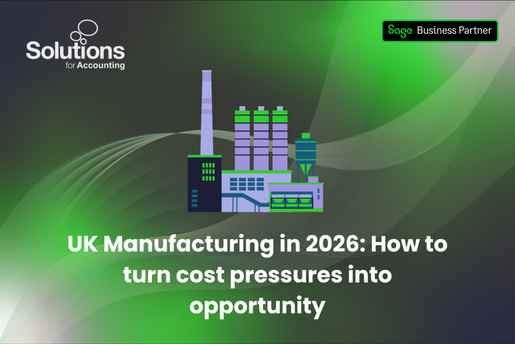 A graphic of a factory, with the text 'UK Manufacturing in 2026: How to turn cost pressures into opportunity' beneath it. The background is a purple and green gradient with white swirls, and the Solutions and Sage Business Partner logos are in the top corners.