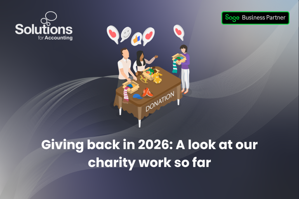 Graphic showing a donation table and text reading 'Giving back in 2026: a look at our charity work so far'