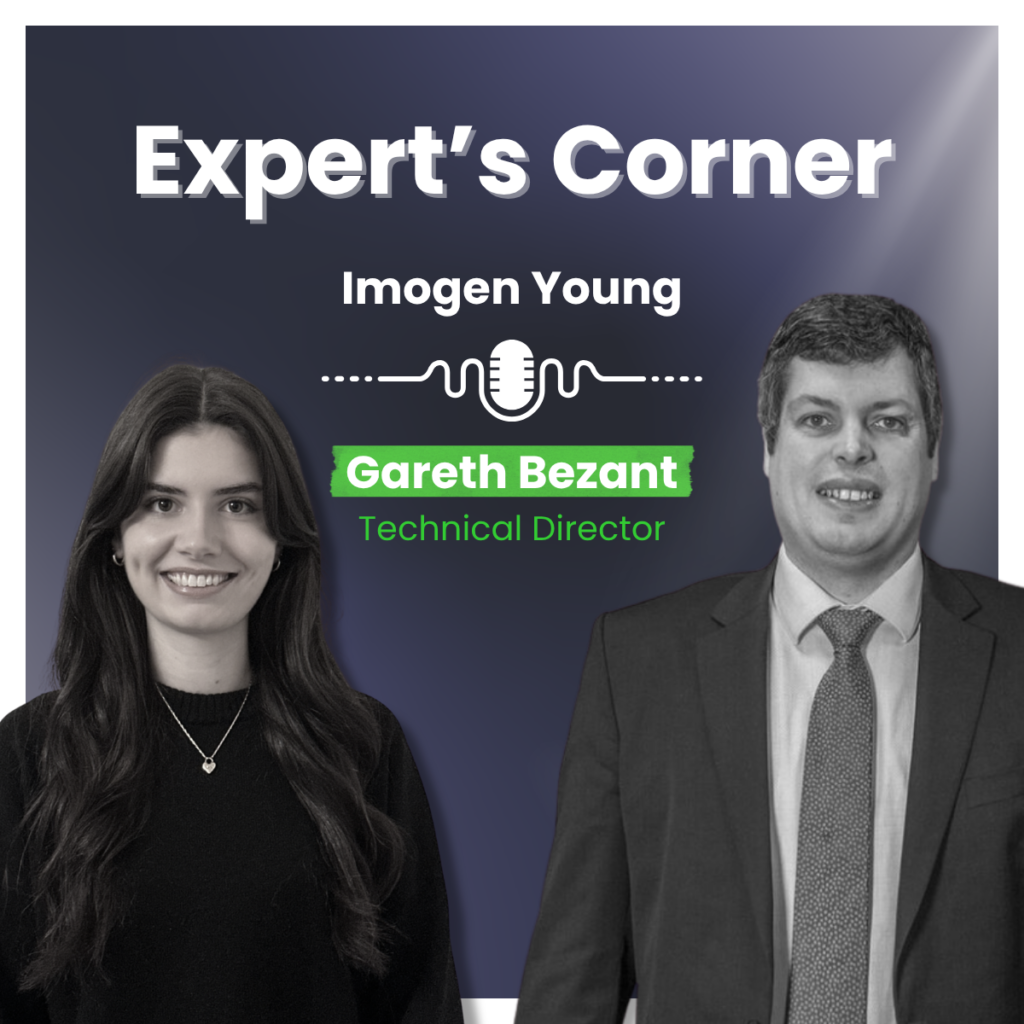 A graphic with pictures of two Solutions employees, Imogen and Gareth, at the bottom. The title 'Expert's Corner' is at the top with their names below. The background is a purple gradient with a white border.