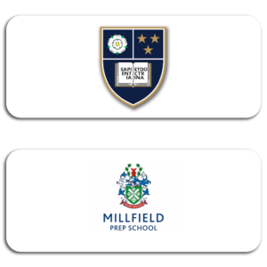 Logos for Hill House School and Millfield Prep School on individual white rectangle backgrounds