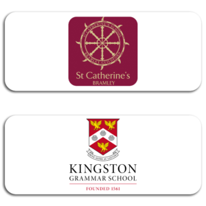 Logos for St Catherine's Bramley and Kingston Grammar School on individual white rectangle backgrounds