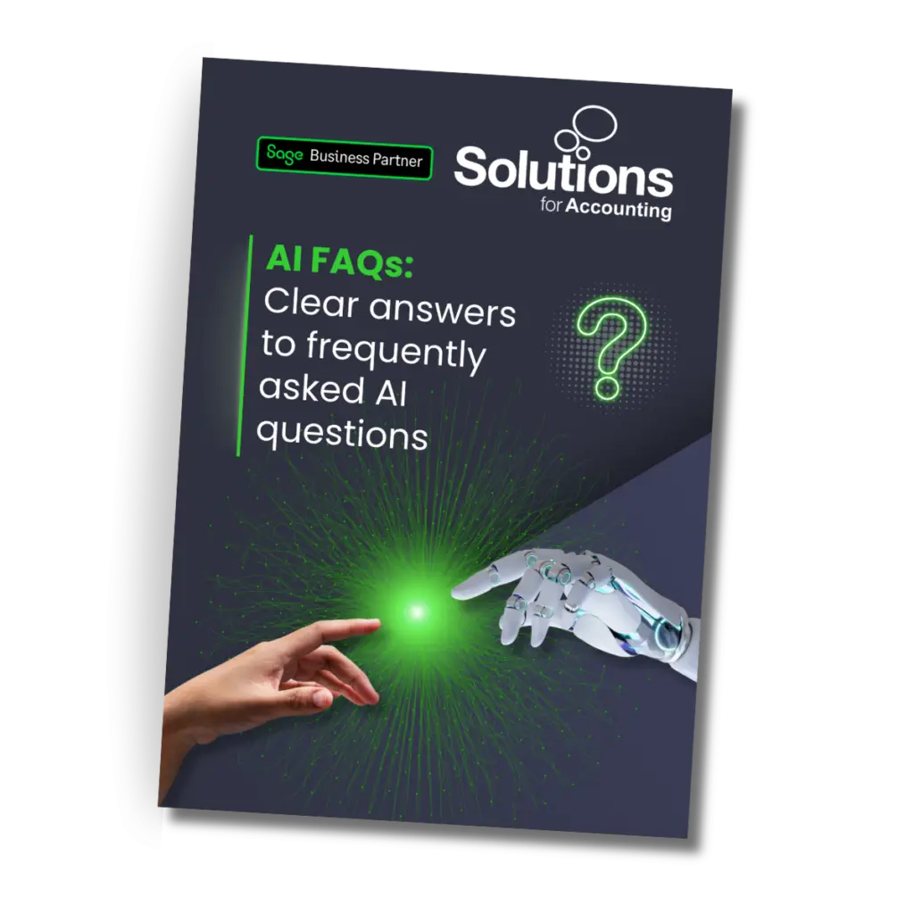 Graphic showing the front cover of a brochure called 'AI FAQs: Clear answers to frequently asked ai questions'