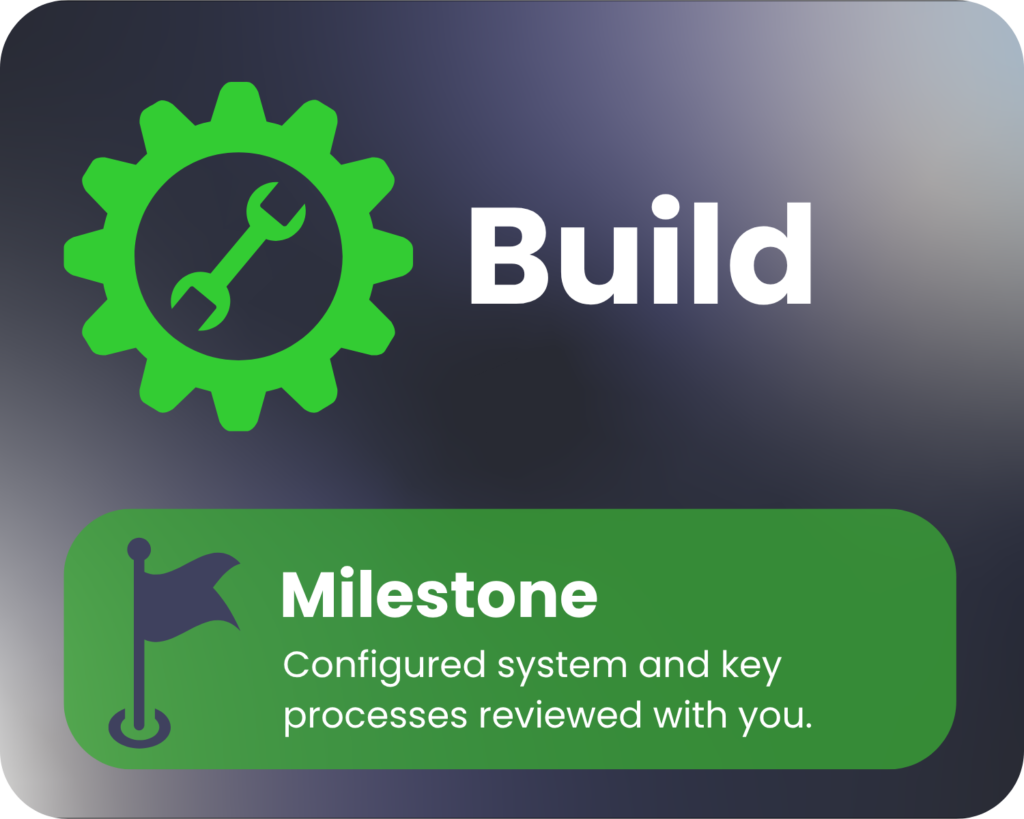 An image with an icon of a cog and the title 'Build'. Below, next to a flag icon, it says, 'Milestone: Configured system and key processes reviewed with you.' The background is a purple gradient.