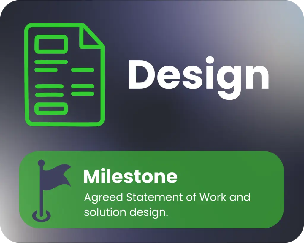 An image with an icon of a document and the title 'Design'. Below, next to a flag icon, it says 'Milestone: Agreed Statement of Work and solution design.' The background is a purple gradient.