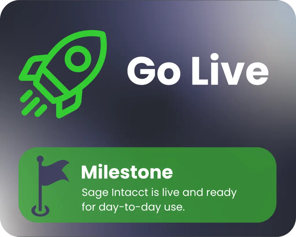 An image with an icon of a rocket and the title 'Go Live'. Below, next to a flag icon, it says, 'Sage Intacct is live and ready for day-to-day use.' The background is a purple gradient.