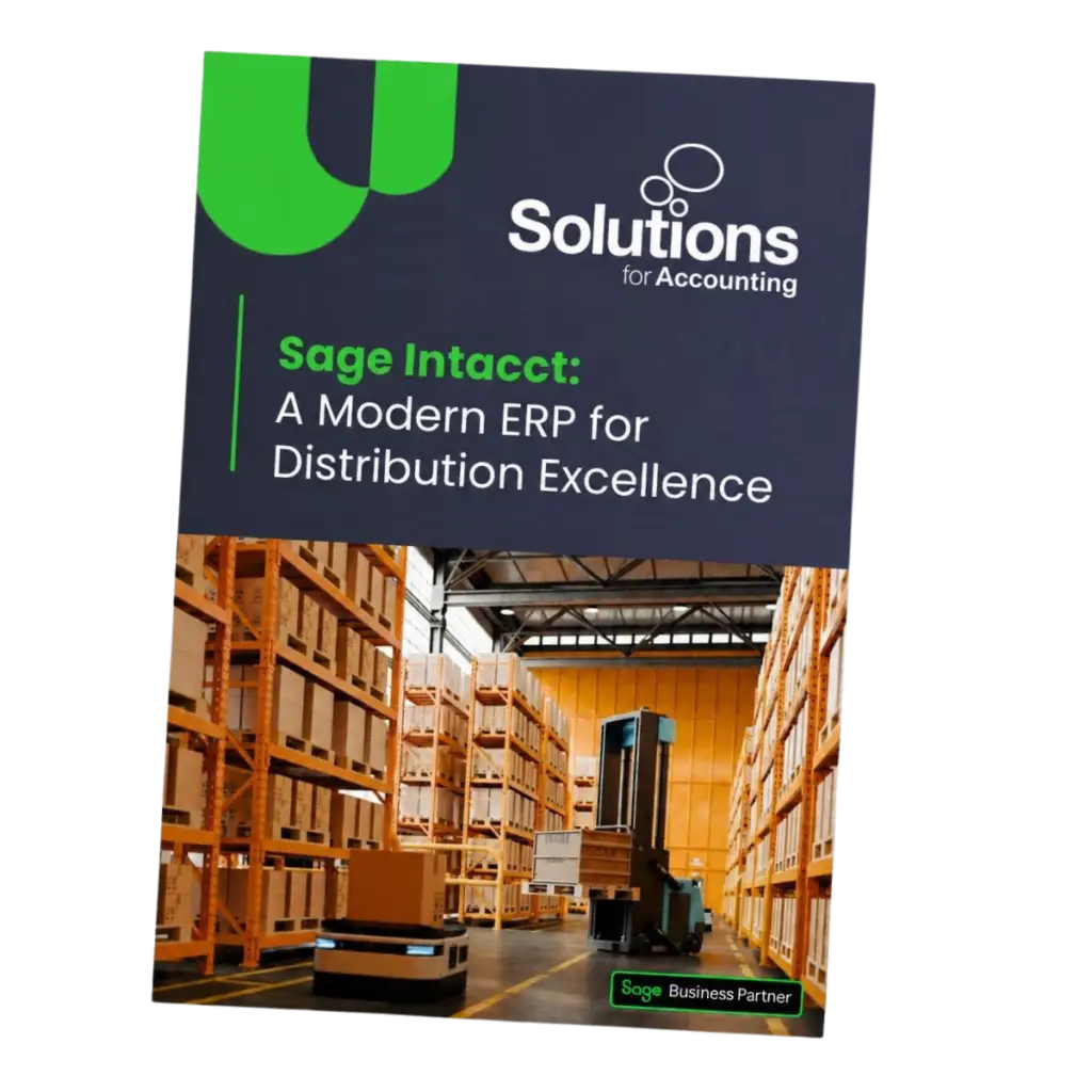 Front cover of a Sage X3 brochure with the text 'Sage Intacct: A modern ERP for distribution excellence'