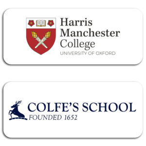 Logos for Harris Manchester College and Colfe's School on individual white rectangle backgrounds