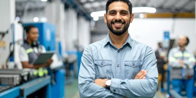 A photo of a man smiling inside a factory. There are workers behind him and the background is blurred.