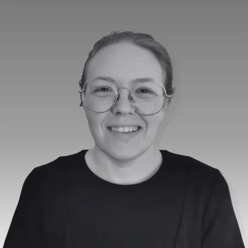 Black and white photo of Solutions employee Samantha Hayes