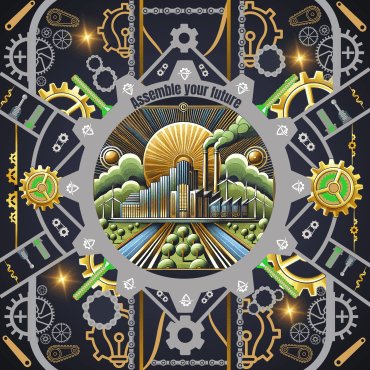 A graphic design shows a cog surrounded by other mechanical equipment in an Art Deco style. At the centre of the cog, there is an image of a factory surrounded by greenery.