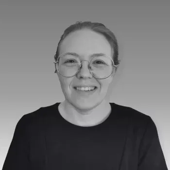 Black and white photo of Solutions employee Samantha Hayes