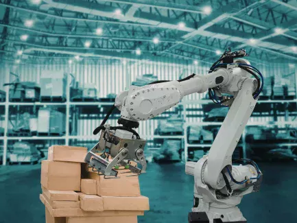 A picture of an automated robotic arm working in a modern factory warehouse.
